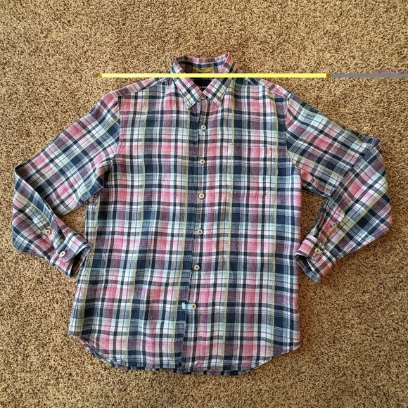 Tommy Bahama Mens Medium 100% Linen Plaid Button Shirt Pink Blue Teal - Picture 2 of 14